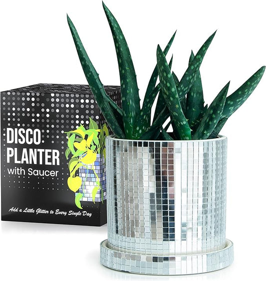 SCANDINORDICA Disco Ball Planter Pot - 4.3 inch Mirror Disco Ball Vase, Disco Planter, Ceramic Planter Pots Indoor with Drainage Hole and Saucer, Cute Desk Decor for Women | 0.2" Mirror Tiles