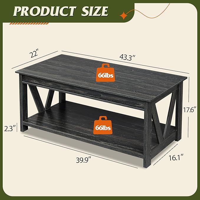 WLIVE Coffee Table, 43" Farmhouse Coffee Table with Storage Shelf & Sturdy V-Shaped Support, Wood Center Table for Living Room, Bedroom, Office and Balcony, Black