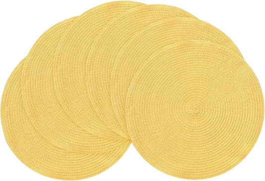 Floroom 15 Inch Round Braided Placemats Set of 6, Washable Heat Resistant Cotton Polyester Circle Place Mats for Kitchen Dining Table - Yellow