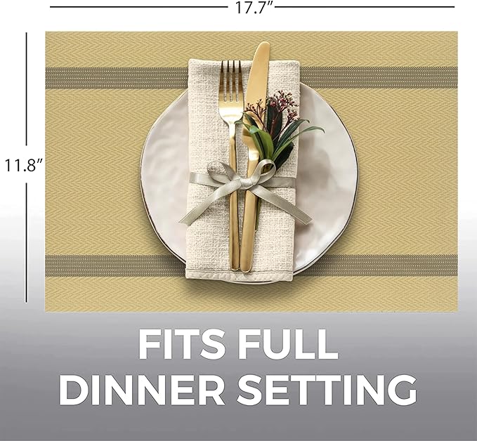 More Décor Dining Table Placemats, Washable Heat-Resistant PVC Vinyl Table Mats for Dining Room and Kitchen, Anti-Slip - Set of 6 - Dust Yellow