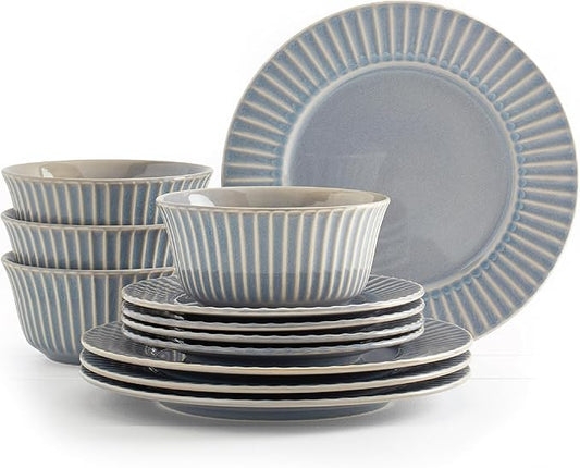 Tabletops Gallery Richmond 12-Piece Reactive Glaze Stoneware Dinnerware Set of Kitchen Dishes, Dinner Plates, Cereal Bowls, Service for 4, Gray