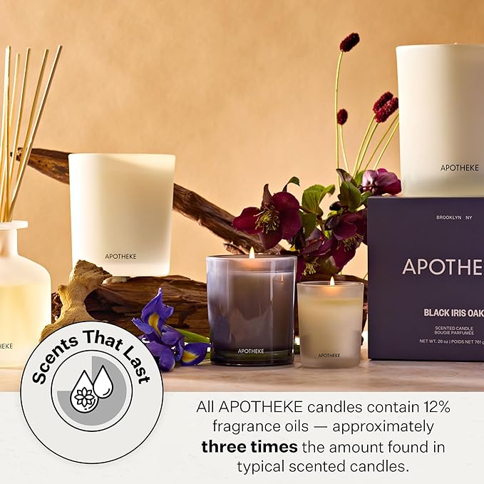 APOTHEKE Black Iris Oak Scented Candles for Home - Aromatherapy 3-Wick Jar Candle with Soy Wax Blend - Long-Lasting Scent with Natural Essential & Perfume-Grade Oils