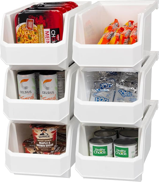 Large Plastic Containers for Organizing and Storage Bins for Closet, Kitchen, Office, or Pantry Organization, 14.75-Inch x 8-Inch x 7-Inch 6-Pack, White, Large