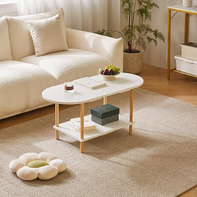 Oval Coffee Table White, Small Wooden Coffee Table for Small Space, Splicing Design 35 * 16 * 17in, 2 Tier Center Table for Living Room White YD-011W