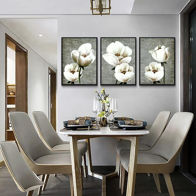 TTHYUEWS Black Framed Wall Art For Living Room Wall Decor For Bedroom Kitchen Decor Gray Green Vintage Style White Flowers Wall Painting Abstract Pictures Prints Artwork Modern Room Decor 3 Panels