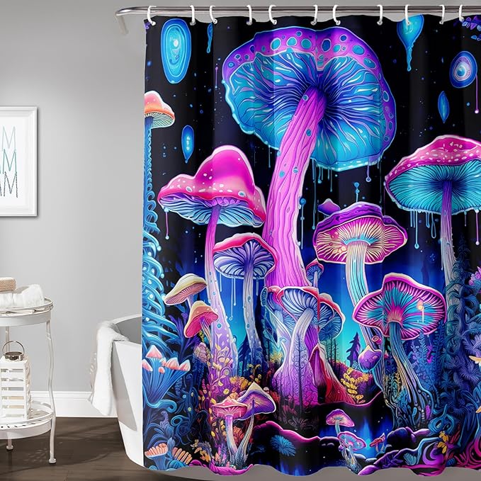 AILONEN Mushroom Shower Curtain for Bathroom, 3D Oil Painting Mushroom Bath Curtain,Blue Purple Fairy Fantasy Fungus Botanical Decoration Waterproof Curtain with 12 Plastic Hooks, 60" W*72" H