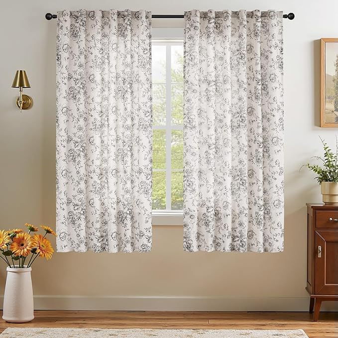 jinchan Linen Blend Curtain Floral Curtains for Living Room 63 Inch Length Black Printed Curtain Rod Pocket Back Tab Farmhouse Peony Flower Patterned Drapes Bedroom Window Curtains Set 2 Panels