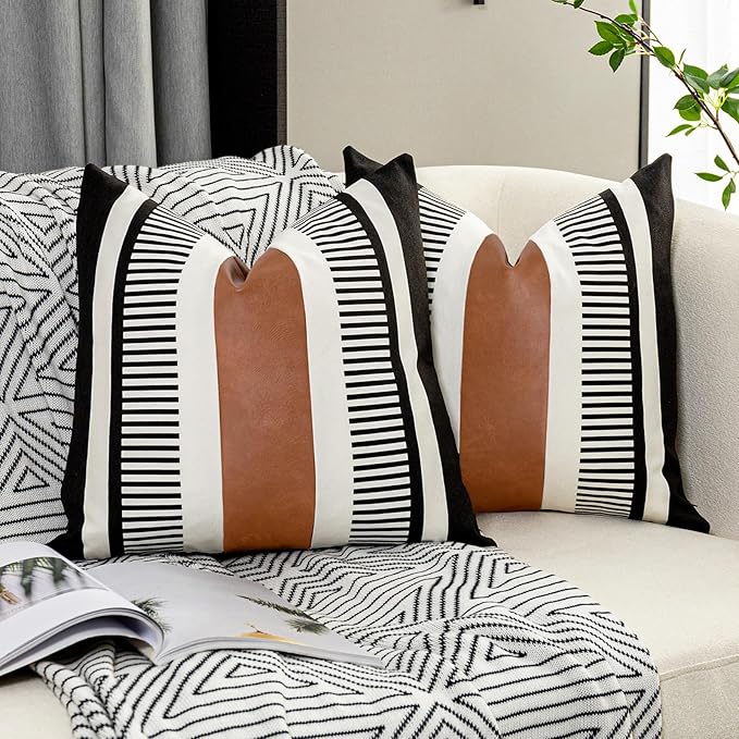 Pack of 2 Farmhouse Throw Pillow Covers for Couch Sofa Decorative Faux Leather Square Cushion Cover Tribal Stripe Accent Pillow Case 18 x 18 Inch,Black
