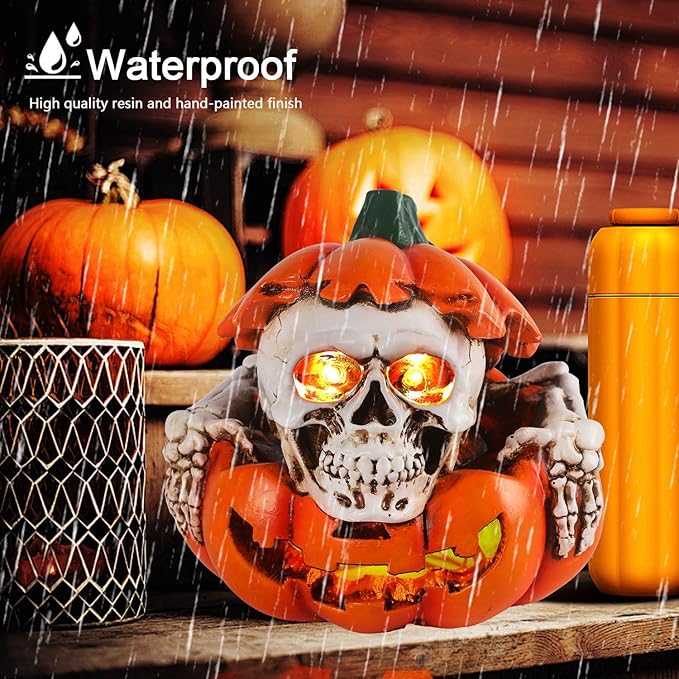 Halloween Skull Pumpkin Decor - Solar Powered Resin Skull & Pumpkin, Unique Garden Decor for Outside Yard Porch Lawn, Halloween Decorations Outdoor/Indoor