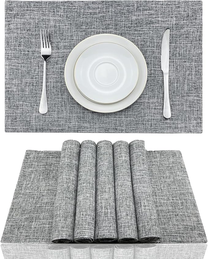 Weabetfu Cloth Placemats Set of 8 Heat Resistant Dining Table Placemmats Cotton Linen Machine Washable Kitchen Table Mats Wrinkle Free Thick Fabric Place Mat,Easy to Clean,13"x19" Mottled Grey w/Brown