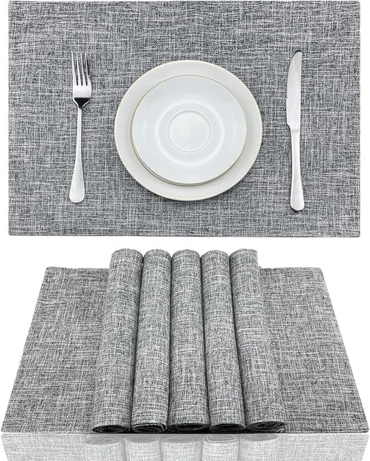 Weabetfu Cloth Placemats Set of 8 Heat Resistant Dining Table Placemmats Cotton Linen Machine Washable Kitchen Table Mats Wrinkle Free Thick Fabric Place Mat,Easy to Clean,13"x19" Mottled Grey w/Brown