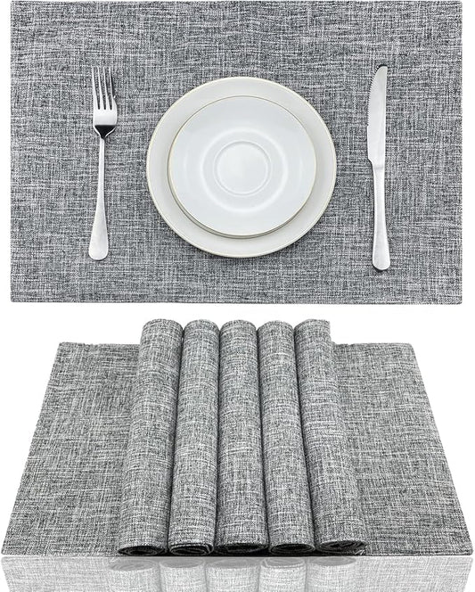 Weabetfu Cloth Placemats Set of 6 Heat Resistant Dining Table Placemmats Cotton Linen Machine Washable Kitchen Table Mats Wrinkle Free Thick Fabric Place Mat,Easy to Clean,13"x19",Mottled Grey w/Brown