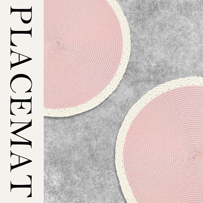 Noctiflorous Round Braided Placemats Set of 8 Table Mats 15 Inches Washable Heat Resistant for Dining Table Non-Slip Indoor Outdoor Place Mats for Easter(02 White Edge Pink 8)