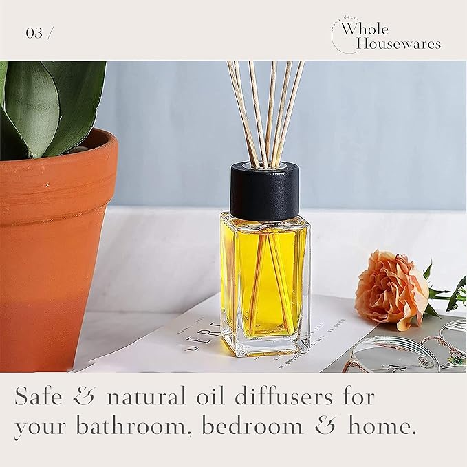 WHOLE HOUSEWARES Natural Diffuser Reeds Bottles Sticks | Clear Glass Home Décor for Kitchen and Living Room | Black Wood Caps | Décorative Fragrance Set with Long Lasting Aroma - Set of 4