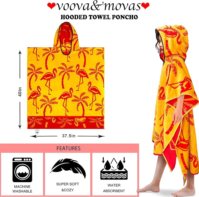 VOOVA & MOVAS Poncho Towel Adult (14Years Up)-Flamingo, Large Thick Absorbent Cotton Wearable Bath Towels for Big Girl, Pool Towels for Women, Adult Hooded Towel for Bathroom, Pool Use