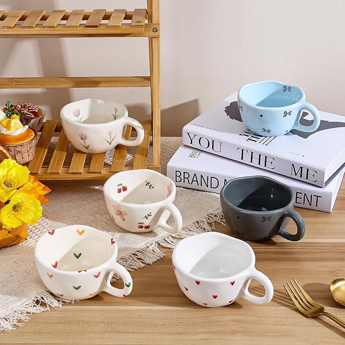 Koythin Ceramic Coffee Mug, Handmade Hot Chocolate Mugs, Cute Cup for Girl Women, Aesthetic Tea Milk Cup with Handle, 8.5 oz/250 ml for Latte, Cocoa, Office, Home (Blue Small Bow)