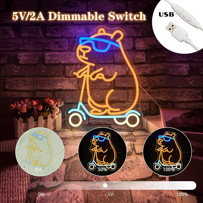 Cool Capybara Neon Sign Dimmable Cute Animal With Skateboard Led Signs for Wall Decor Cartoon Neon Night Sign for Bedroom Children's Room Party Holiday Birthday Decoration Capybara Fans Gifts