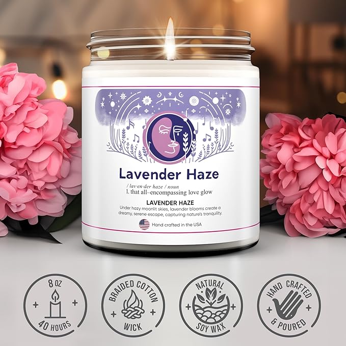 Taylor Inspired Lavender Haze Candle - Long Lasting Soy Wax Candle Gift Set for Taylor Fans - Luxury Scented Candles for Taylor Parties, Home, Birthday Candle - 5 Fragrances (8oz)