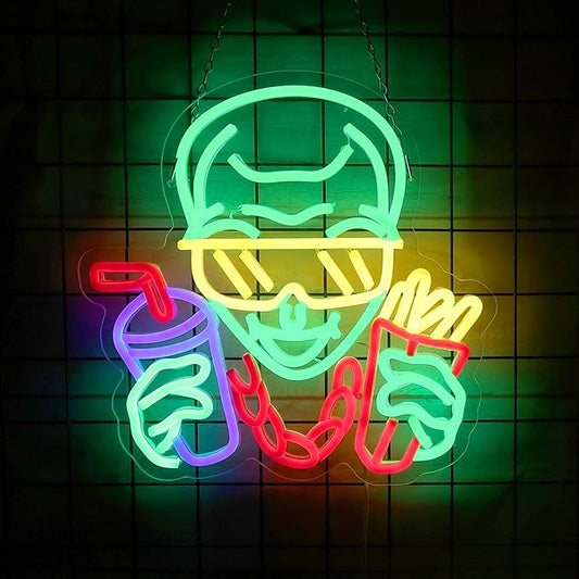 Cool Alien Neon Sign French Fries Neon Light Glasses Alien LED Neon Sign for Movie Room Decor LED Light Up Sign for Cinema Decor Man Cave Wall Art 12.6 * 12.6IN