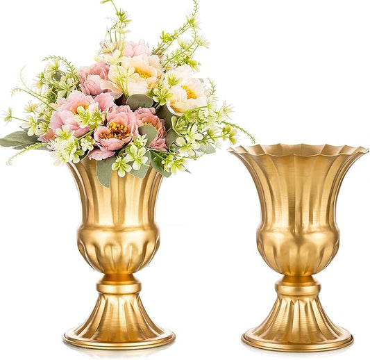 Sziqiqi Gold Flower Arrangements Vase for Wedding Table Centerpiece - 9in Metal Planter Vase Pot for Artificial Real Flower Small Trumpet Plant Urn for Garden