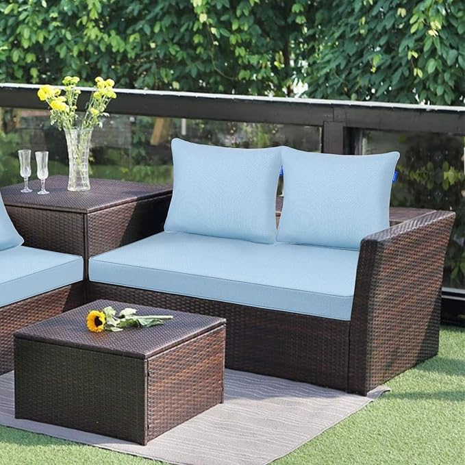 Outdoor Loveseat Cushion Set 44'' x 24'', Outdoor Cushions for Patio Furniture with Fastness Cover, Water Repellent Outdoor Seat Cushion and Couch Back Cushions for Bench, and Swing (Light Blue)