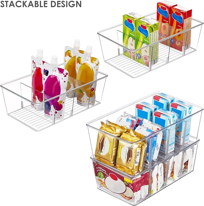 Vtopmart 10 Pack Food Storage Organizer Bins, Clear Plastic Bins for Pantry, Kitchen, Fridge, Cabinet Organization and Storage, 4 Compartment Holder Packets, Snacks, Pouches, Spice Packets