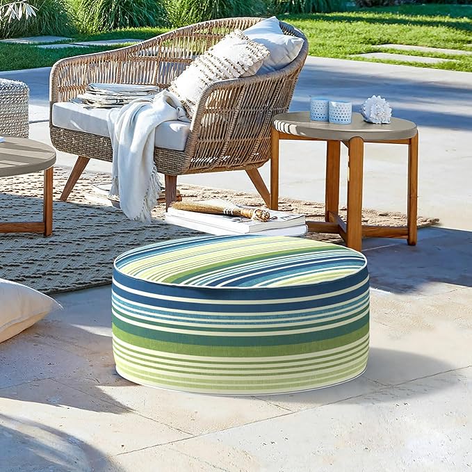 LVTXIII Inflatable Stool Ottoman Footrest with Handle, Decorative Fade-Resistant Foot Stool, Indoor or Outdoor Pouf for Home Garden and Camping Use, D21 x W 21 x H9, Stripe Blue Green