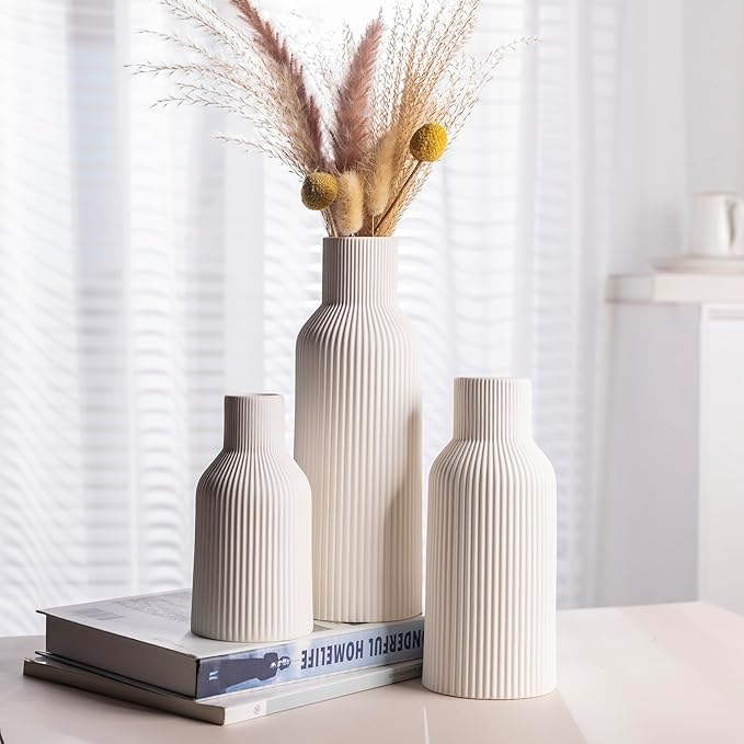 White Ceramic Vases Set of 3,Farmhouse Decor, Home Decor, Pampas Grass Vases for Kitchen, Bedroom, Office, Living Room, Bathroom, Wedding, Entryway, Table Centerpieces, Gifts Women Mom