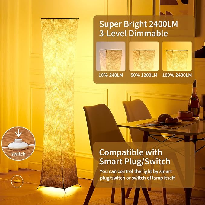 chiphy Lamp with Fabric Lampshade, Dimmable 61"(L) Tall Standing Lamp, 3 Levels Adjustable Brightness LED Bulbs, Column Floor Light, Brown Gradient Fabric Lampshade, Home Decor for Living Room