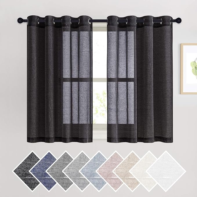 NICETOWN Natural Flax Sheer Linen Curtains Grommet Top, Semitransparent Vertical Blinds Solid Cool Window Treatment Privacy with Light Filter for Boys Bedroom, Black, W52 x L45, Set of 2