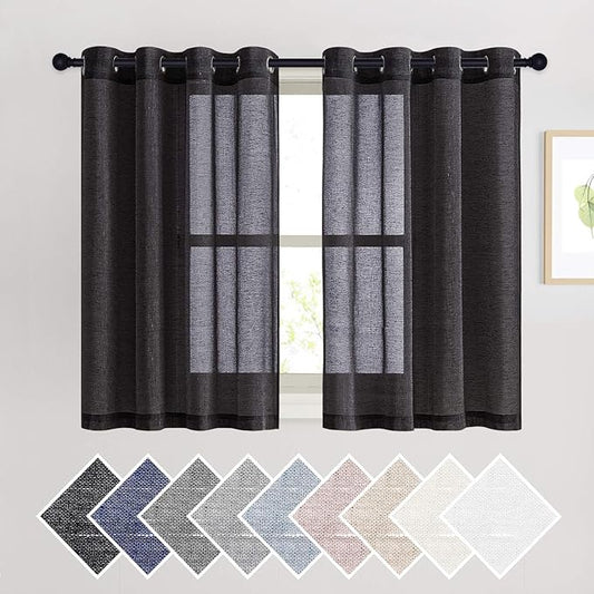 NICETOWN Natural Flax Sheer Linen Curtains Grommet Top, Semitransparent Vertical Blinds Solid Cool Window Treatment Privacy with Light Filter for Boys Bedroom, Black, W52 x L45, Set of 2