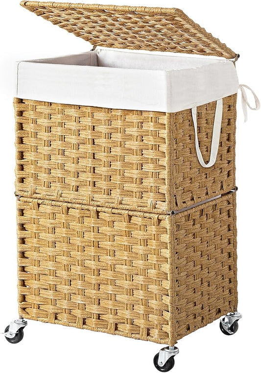 Chrislley 90L Slim Laundry Hamper with Wheels,Rolling Laundry Basket with Lid and Renovable Liner Bag,Handwoven Rattan Organizer for bedroom, bathroom, laundry room (Yellow)
