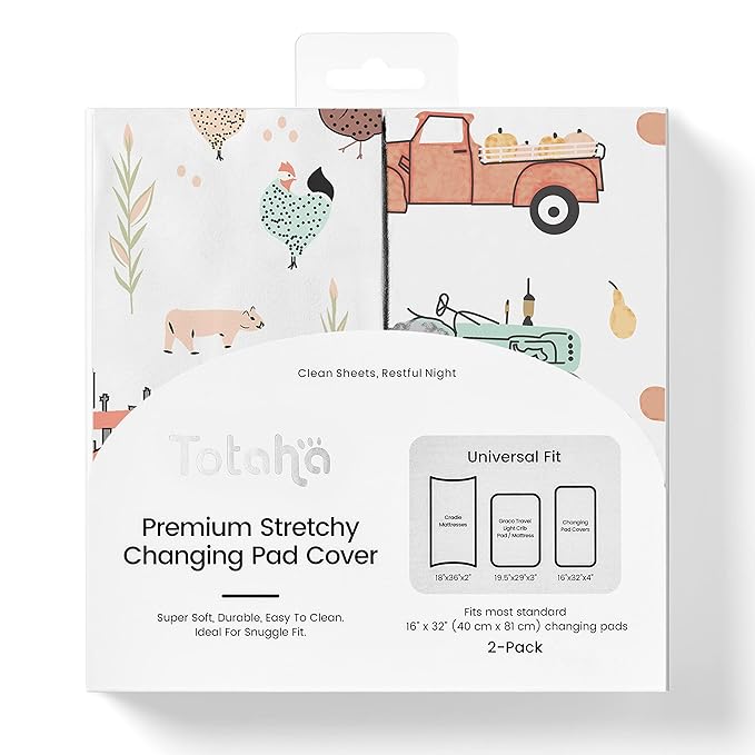 TotAha Premium Stretchy Changing Pad Cover for Baby Girl Boy, Hypoallergenic, Buttery Soft, Silky Comfort, Diaper Changing Table Cover Pad Sheets Fitted 16 x 32, 2-Pack(Farm & Pumpkin)