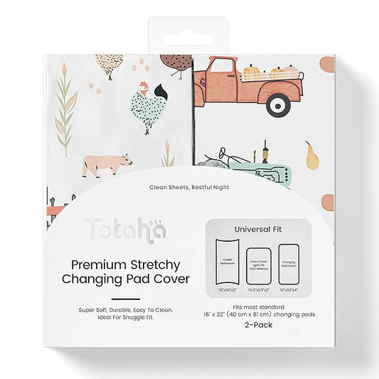 TotAha Premium Stretchy Changing Pad Cover for Baby Girl Boy, Hypoallergenic, Buttery Soft, Silky Comfort, Diaper Changing Table Cover Pad Sheets Fitted 16 x 32, 2-Pack(Farm & Pumpkin)