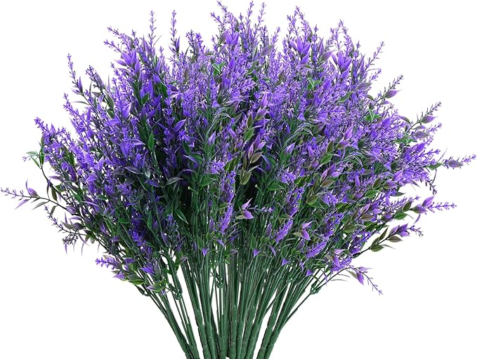Artificial Flowers, Lavender Fake Flowers 12 Bundles UV Resistant Shrubs Faux Plastic Greenery Plants Hanging Planter Flora Fence Indoor Outside Wedding Indoor Farmhouse Decor (Violet)