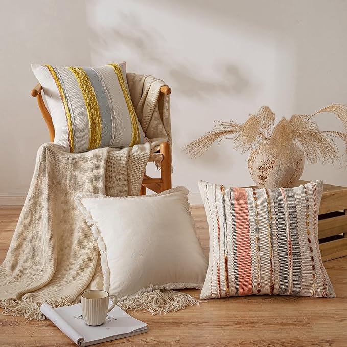 ANRODUO Pack of 2 Boho Decorative Throw Pillow Covers 18x18 Farmhouse Cushion Case Striped Chenille Pillow Cases Square Pillow Covers Accent Neutral Pillowcase for Sofa Couch Bed, Pink Stripe