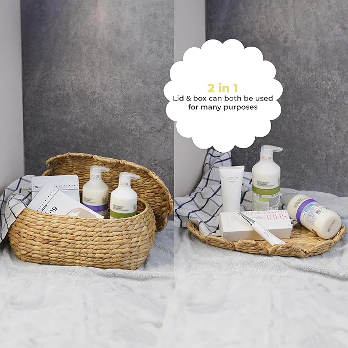 Round Wicker Storage Baskets with Lid, Rattan Basket Decorative Boxes, Woven Storage Box Hyacinth Basket with Lids, Scalloped Edge Wicker Basket with Lid, Set of 2