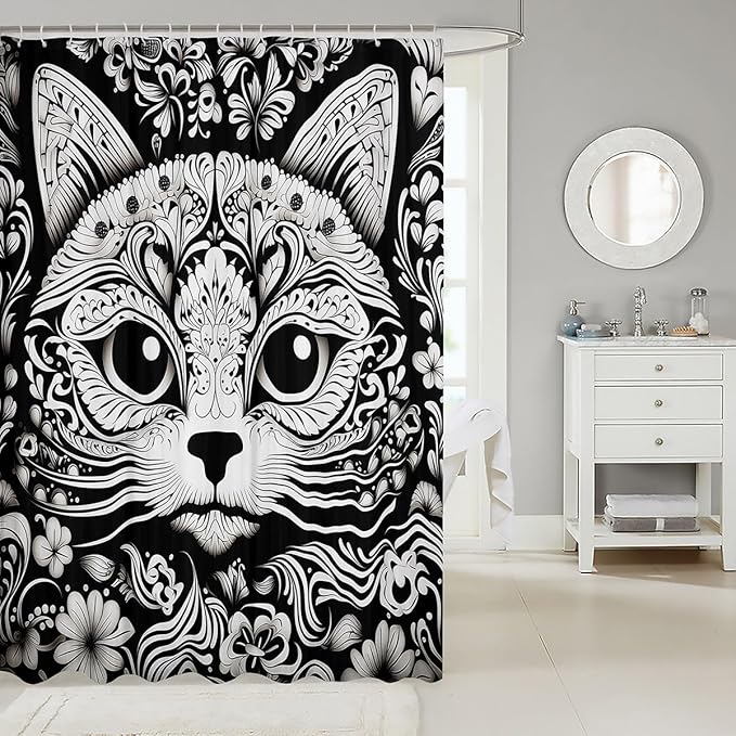 Feelyou Cute Cat Shower Curtain Damask Cat Fabric Shower Curtain for Kids Boys Girls Black White Cat Bathroom Waterproof Accessories with 12 Hooks Cartoon Cat Curtains,72x78 Inches