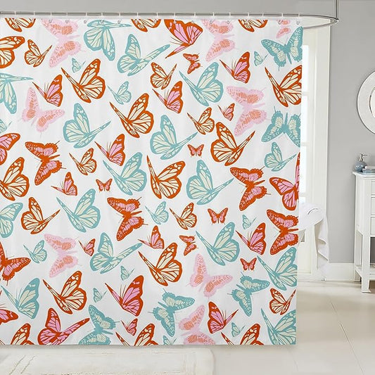 Feelyou Butterfly Bath Curtain Butterflies Print Shower Curtain Girl Butterfly Bathroom Shower Curtain Set for Kids Boys Girls Beautiful Butterfly Kids Bathroom Accessories 72"x84"