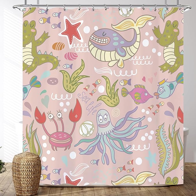 Pink Whale Kids Shower Curtain Set 72x72 Cute Cartoon Sea Animals Girls Shower Curtain for Bathroom Ocean Marine Theme Under Sea Bath Curtain Set Underwater Octopus Fish Kids Bathroom Decor