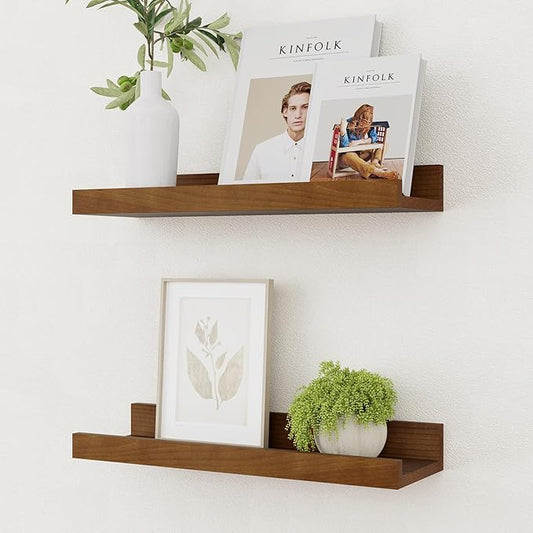 Picture Ledge Shelf, Solid Pine Wood Rustic Floating Shelves for Wall, 16 Inch Floating Shelves with Lip for Bedroom Kitchen Living Room Nursery Display Wall Decor, Set of 2 (Walnut)
