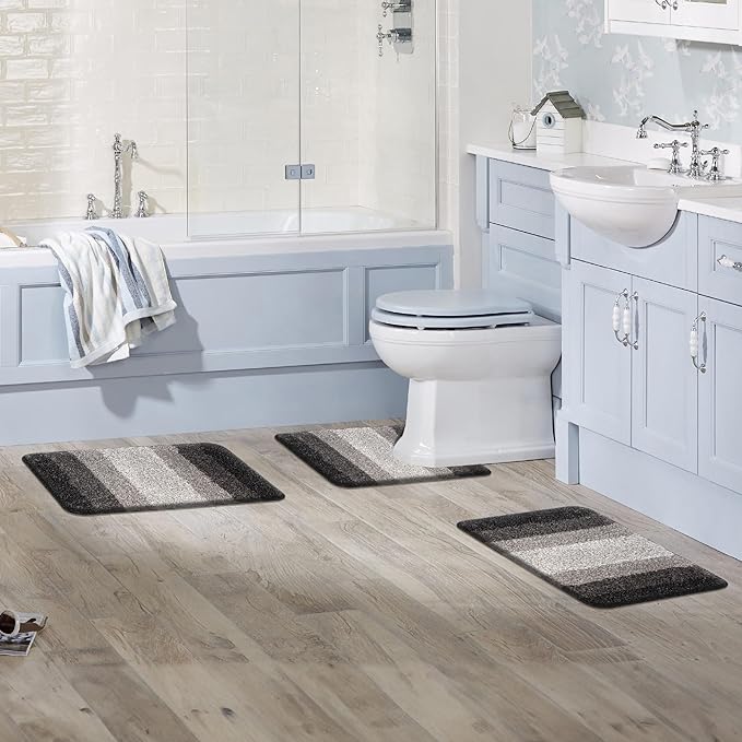 Walensee Contour Rug (20 x 24, Ombre Grey) - Non Slip, Water Absorbent, Soft Microfiber Shaggy Bath Mat, Machine Washable, U Shape Toilet Rug