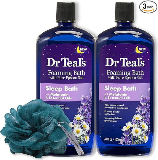 Dr. Teal's Melatonin Foaming Bath 34oz (Pack of 2) with Variety Junction Premium Bath & Shower Sponge - Sleep Inducing Bubble Bath