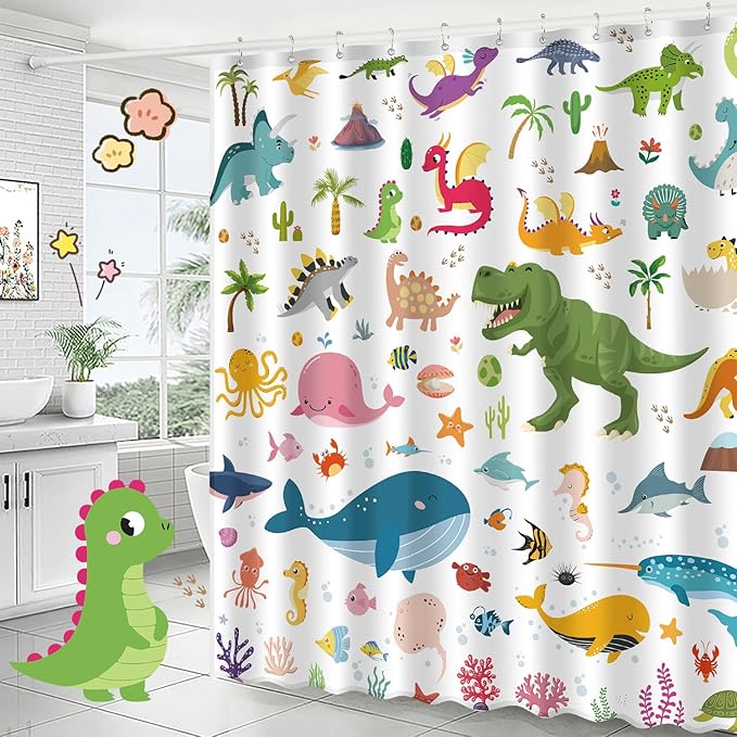 Kids Bathroom Ocean Shower Curtain, Funny Cartoon Dinosaur and Undersea Whale Shower Curtain Set with 12 Hooks, Home Decor Bath Accessories for Boys Girls 72x72 Inches