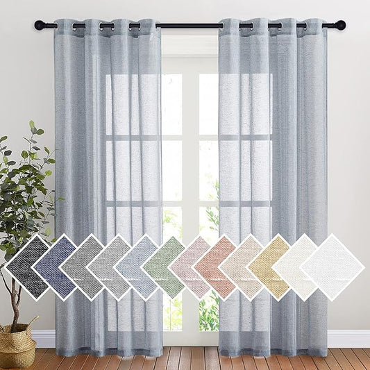 NICETOWN Linen Textured Semi Sheer Curtains 84 inches Length, Eyelet Top Bedroom Window Privacy Translucent Light Filtering Flax Sheer Drapes for Guest Room, 52 inches Wide, 2 Panels, Sea Mist