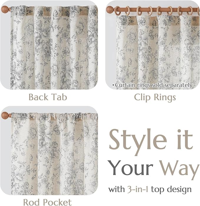 jinchan Linen Blend Curtain Floral Curtains for Living Room 96 Inch Length Grey Printed Curtain Back Tab Farmhouse Peony Flower Patterned Drapes Bedroom Window Curtains Set 2 Panels