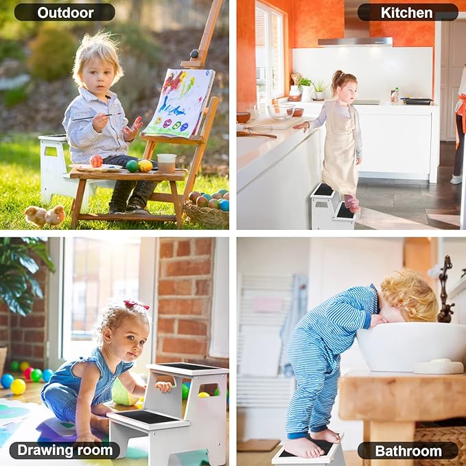 Kids Step Stools for Toddlers Bathroom Wood Toddler Step Stool Kitchen Counter Sink Baby Stepstools Bamboo Wooden Foot Bed Stool for Child Potty Training Toilet Stool Stepping Stool, White with Pads