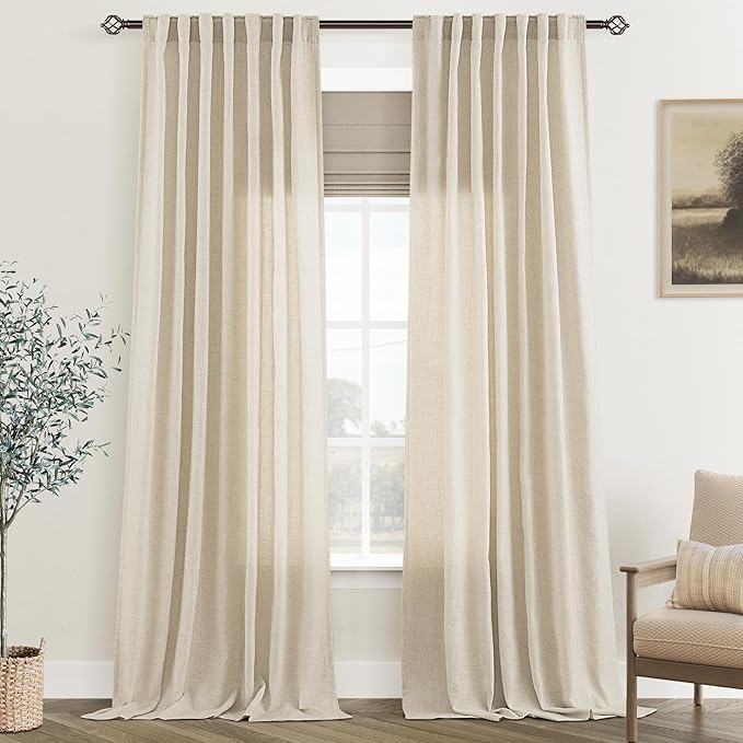 Faux Linen Beige Curtains 90 inches Long for Living Room Rustic Farmhouse Linen Drapes Semi Sheer Burlap Textured Canvas Cloth Curtain Panels Set of 2 Kahki Tan Colored