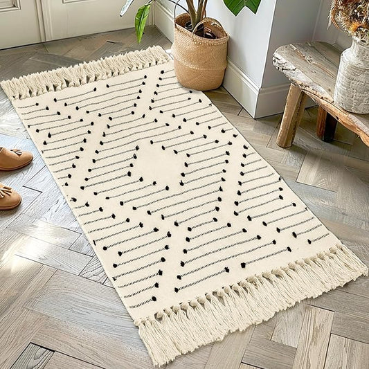 Tritard Boho Kitchen Runner Rug 2x4.3 - Woven Cotton Hallway Rugs with Tassels Washable Aztec Carpet Farmhouse Bathroom Area Rug Front Porch Bath Mat for Entryway, Laundry, Doorway, Beige Cream
