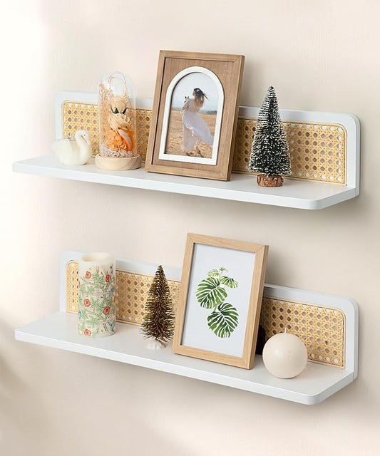 Rattan Floating Shelves, 23.6 Inch Boho Cane Webbing Wall Shelves Farmhouse Display Storage Organizer White Bookshelves Wicker Room Decor for Living Room Bedroom Entryway Hallway, Set of 2